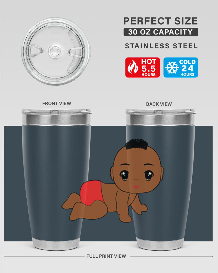 Black baby boy tumbler, 20oz stainless steel with double wall vacuum insulation, featuring a sleek design and drink-thru lid.