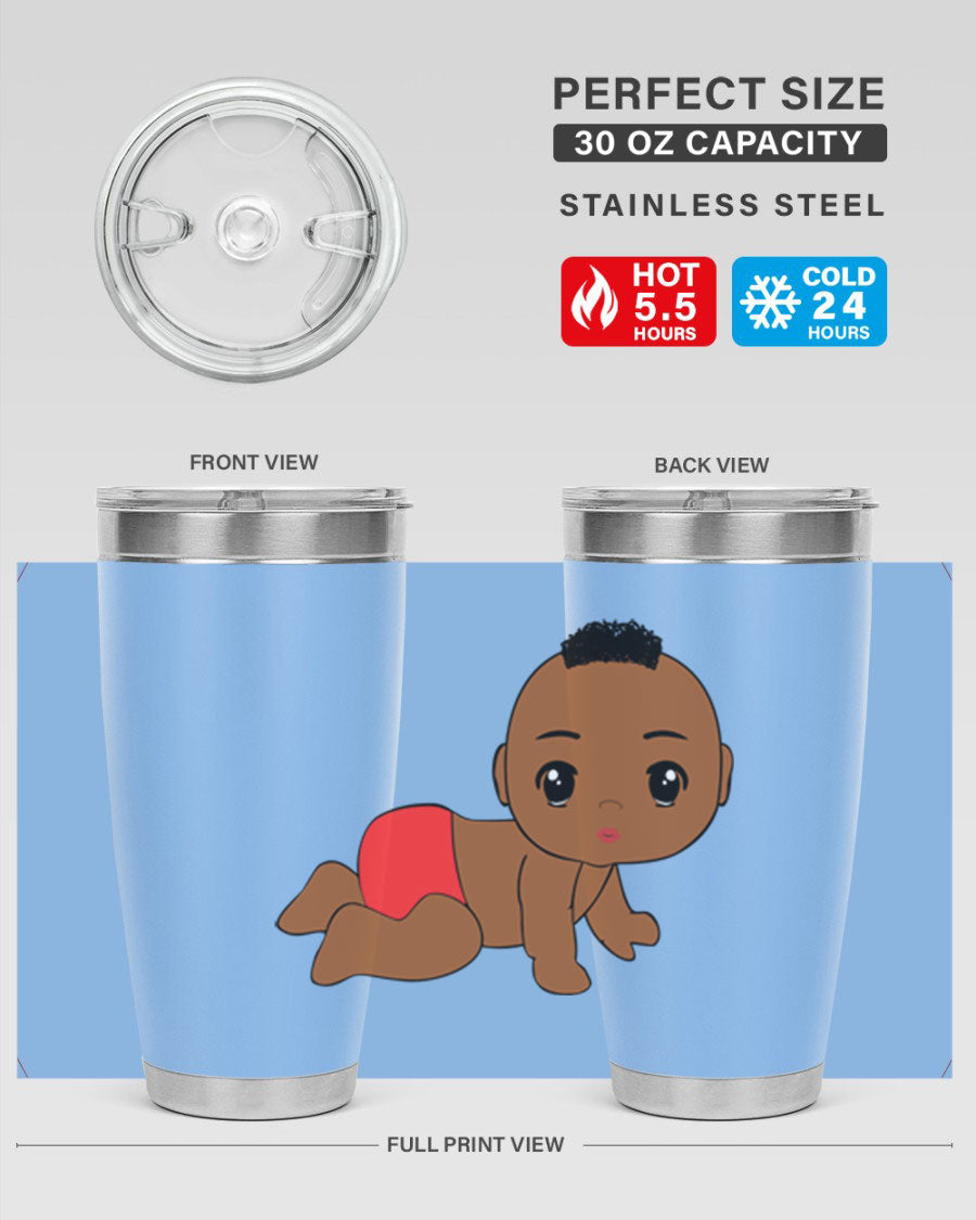 Black baby boy tumbler, 20oz stainless steel with double wall vacuum insulation, featuring a sleek design and drink-thru lid.