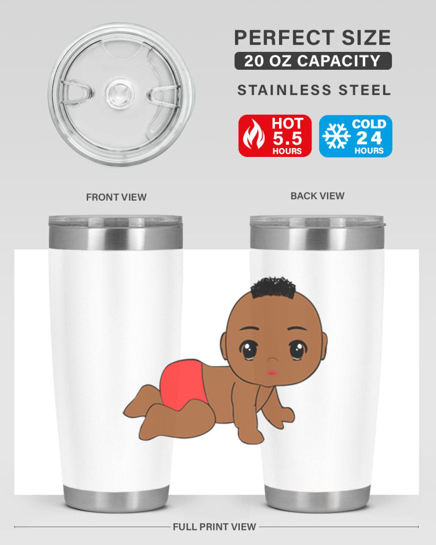 Black baby boy tumbler, 20oz stainless steel with double wall vacuum insulation, featuring a sleek design and drink-thru lid.