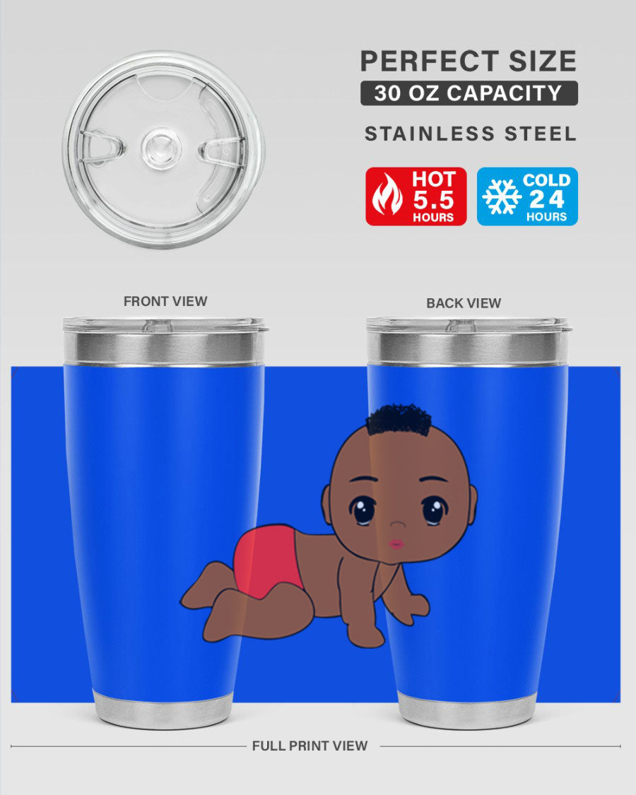 Black baby boy tumbler, 20oz stainless steel with double wall vacuum insulation, featuring a sleek design and drink-thru lid.