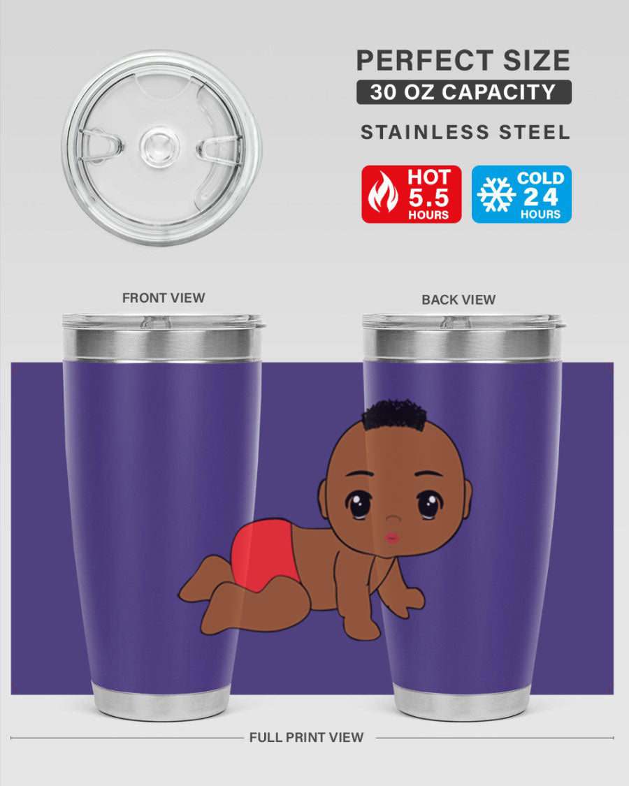 Black baby boy tumbler, 20oz stainless steel with double wall vacuum insulation, featuring a sleek design and drink-thru lid.