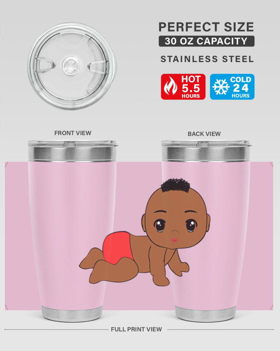 Black baby boy tumbler, 20oz stainless steel with double wall vacuum insulation, featuring a sleek design and drink-thru lid.