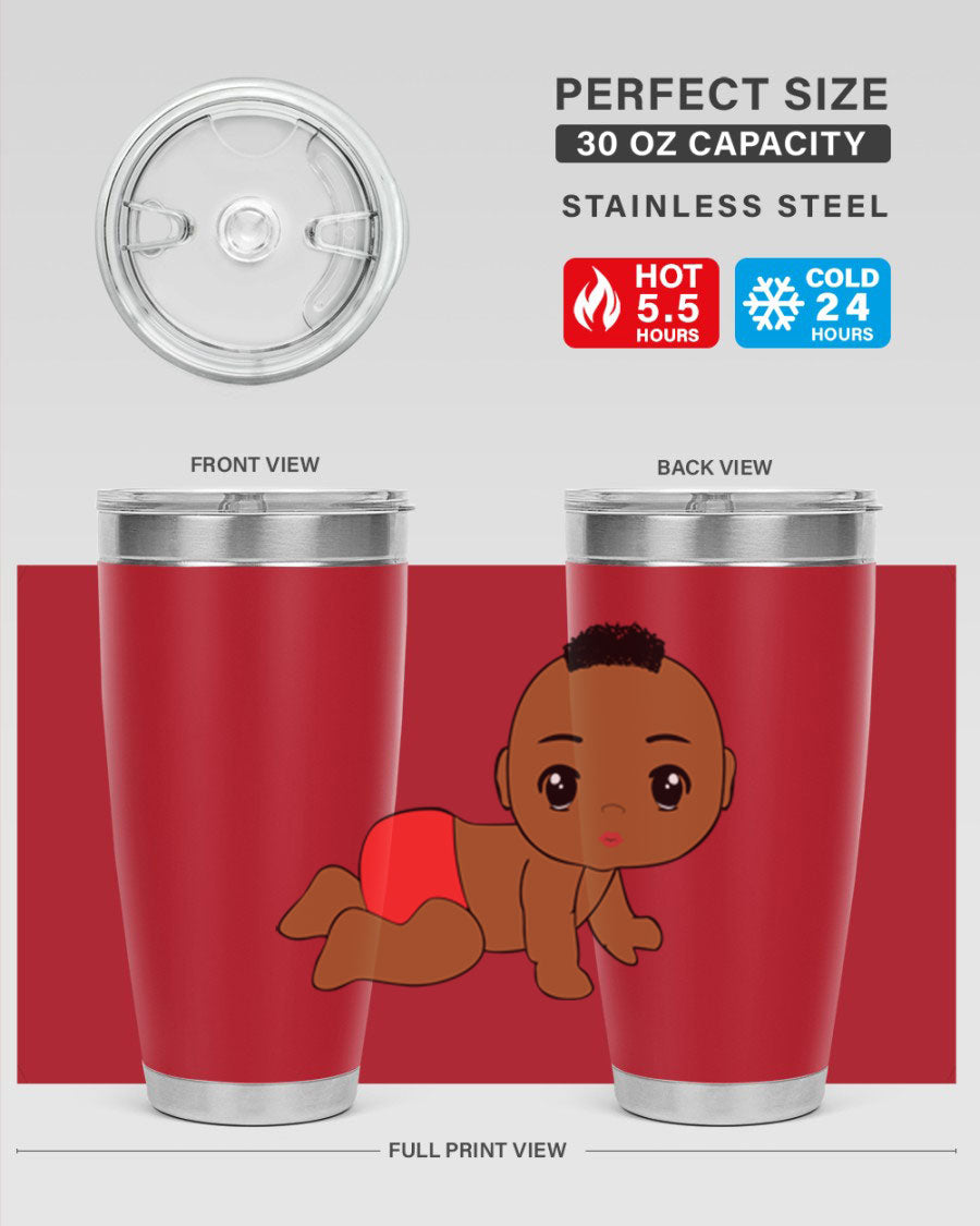 Black baby boy tumbler, 20oz stainless steel with double wall vacuum insulation, featuring a sleek design and drink-thru lid.