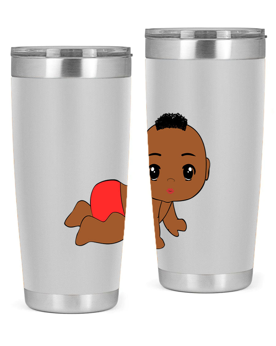 Black baby boy tumbler, 20oz stainless steel with double wall vacuum insulation, featuring a sleek design and drink-thru lid.