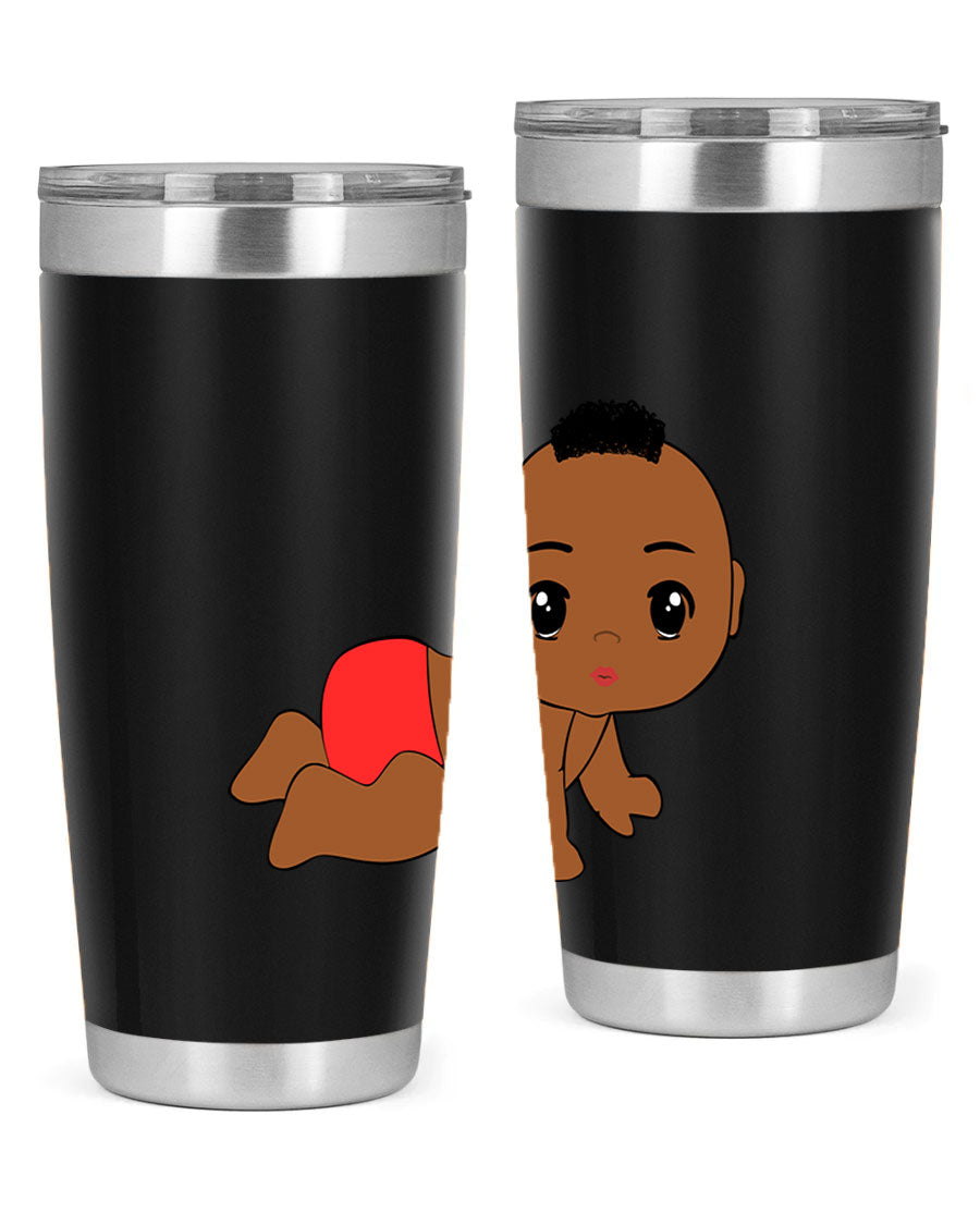Black baby boy tumbler, 20oz stainless steel with double wall vacuum insulation, featuring a sleek design and drink-thru lid.