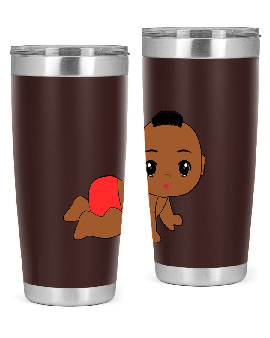 Black baby boy tumbler, 20oz stainless steel with double wall vacuum insulation, featuring a sleek design and drink-thru lid.
