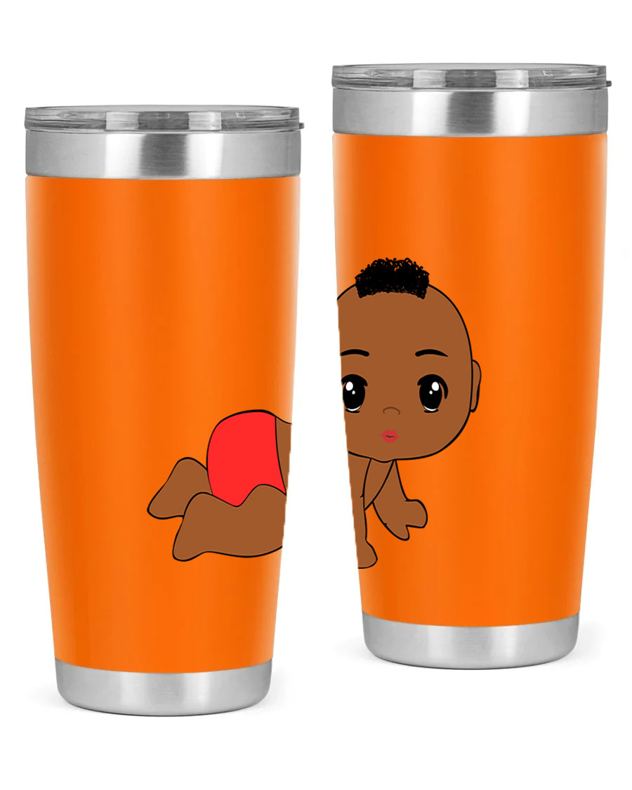 Black baby boy tumbler, 20oz stainless steel with double wall vacuum insulation, featuring a sleek design and drink-thru lid.