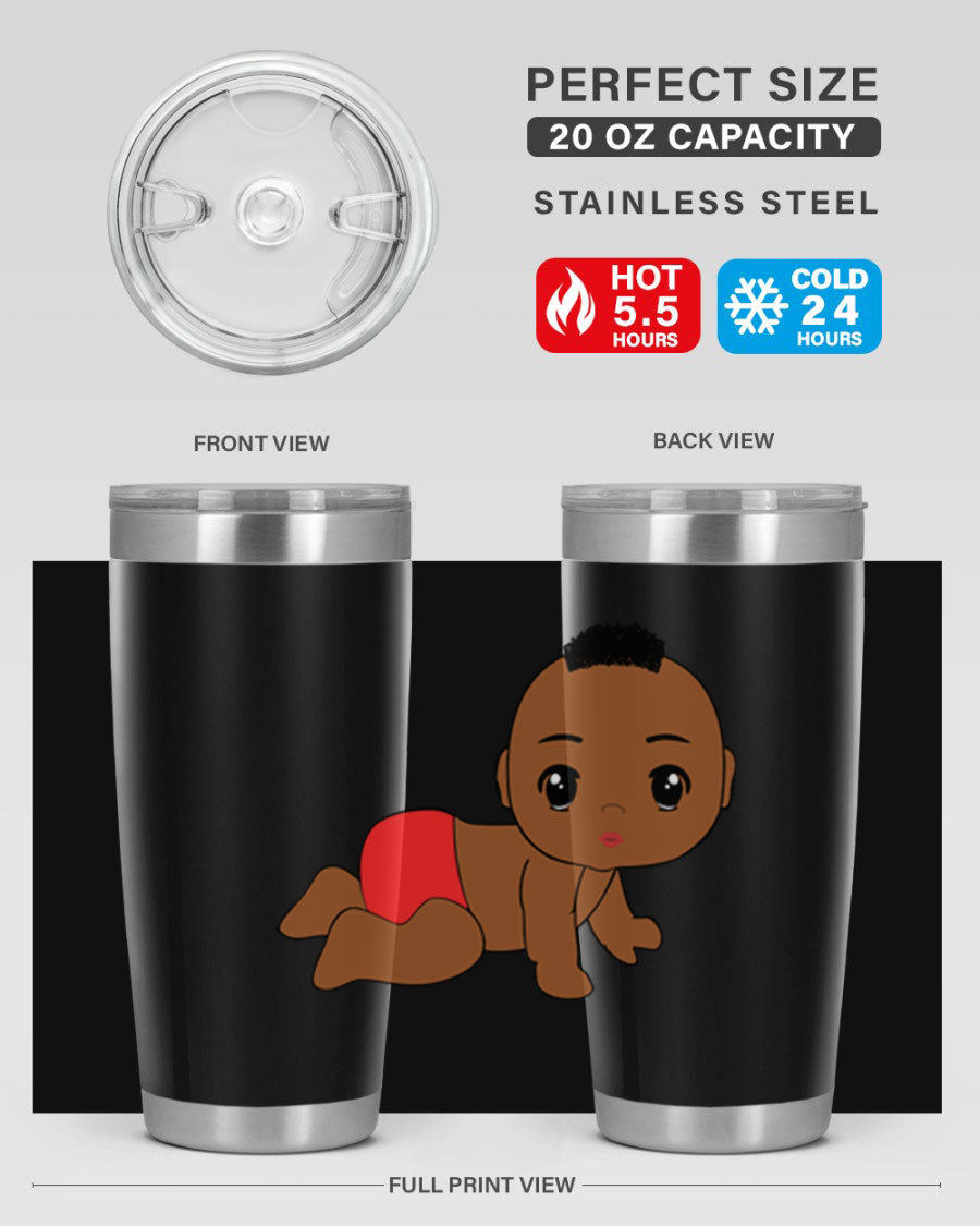 Black baby boy tumbler, 20oz stainless steel with double wall vacuum insulation, featuring a sleek design and drink-thru lid.