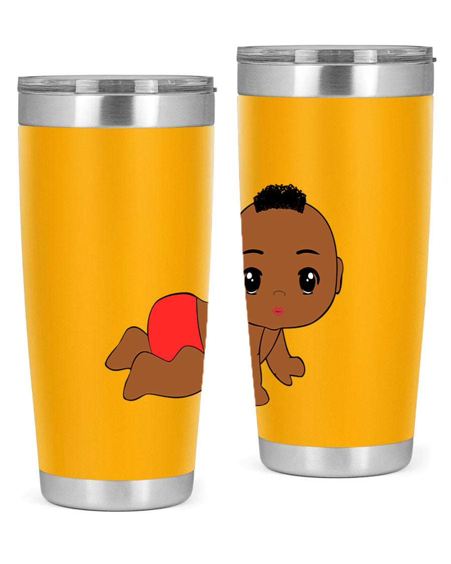 Black baby boy tumbler, 20oz stainless steel with double wall vacuum insulation, featuring a sleek design and drink-thru lid.