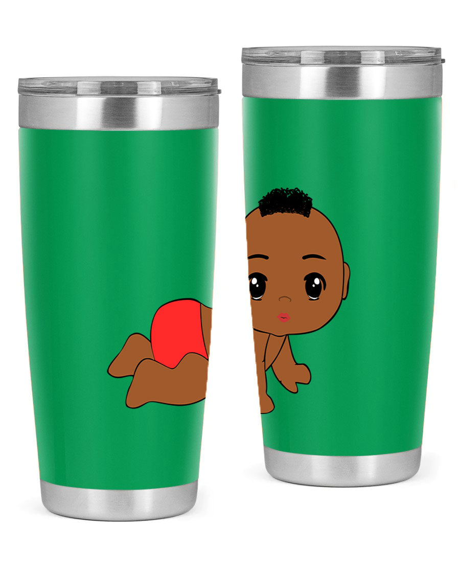 Black baby boy tumbler, 20oz stainless steel with double wall vacuum insulation, featuring a sleek design and drink-thru lid.