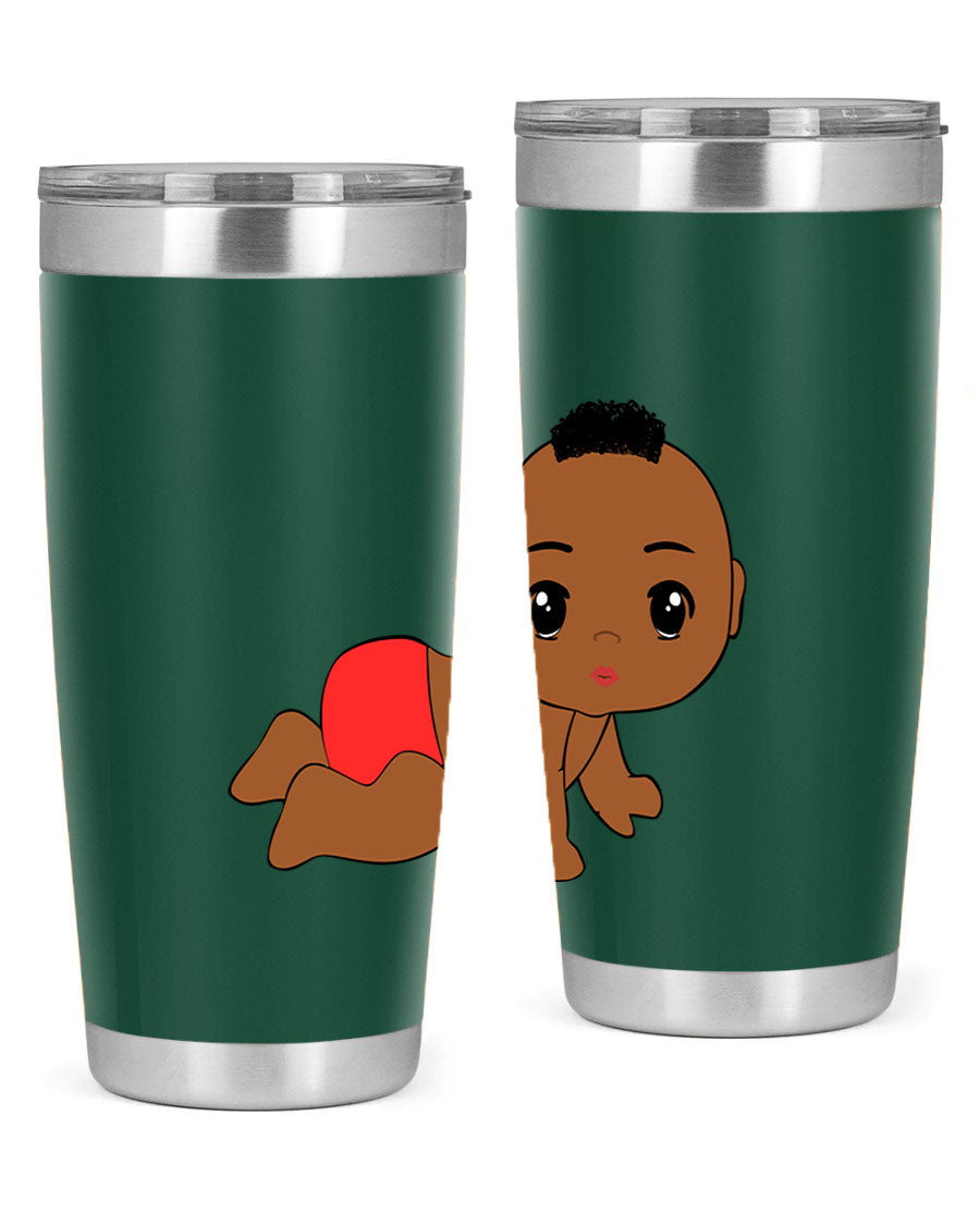 Black baby boy tumbler, 20oz stainless steel with double wall vacuum insulation, featuring a sleek design and drink-thru lid.