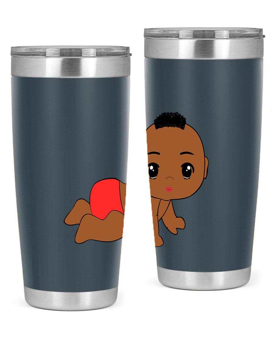 Black baby boy tumbler, 20oz stainless steel with double wall vacuum insulation, featuring a sleek design and drink-thru lid.