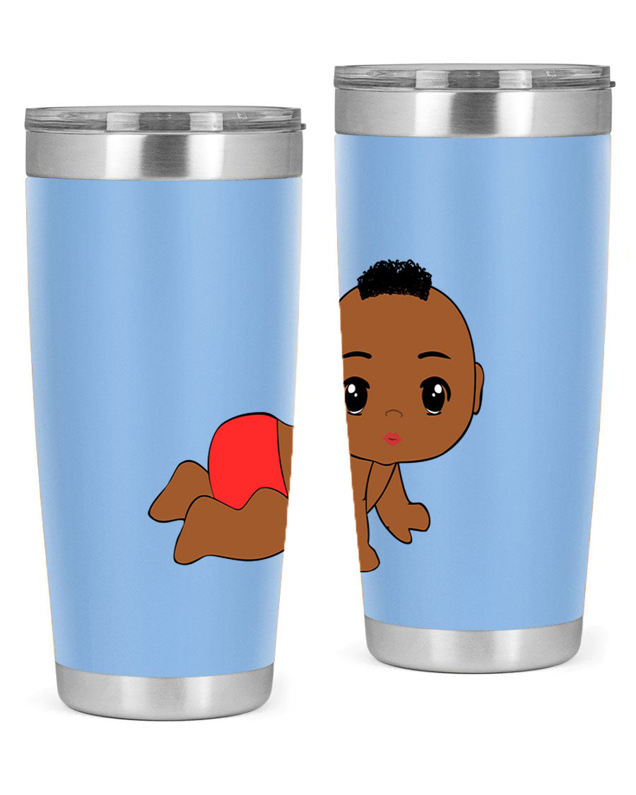 Black baby boy tumbler, 20oz stainless steel with double wall vacuum insulation, featuring a sleek design and drink-thru lid.