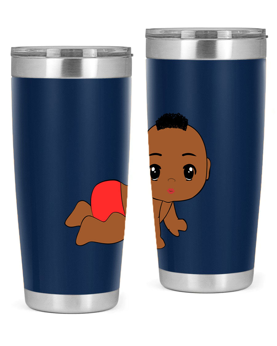 Black baby boy tumbler, 20oz stainless steel with double wall vacuum insulation, featuring a sleek design and drink-thru lid.