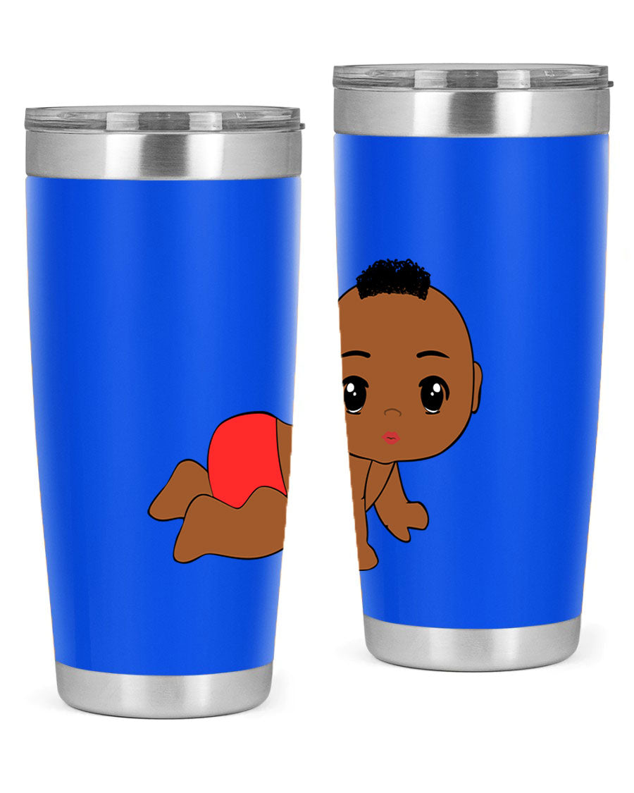 Black baby boy tumbler, 20oz stainless steel with double wall vacuum insulation, featuring a sleek design and drink-thru lid.