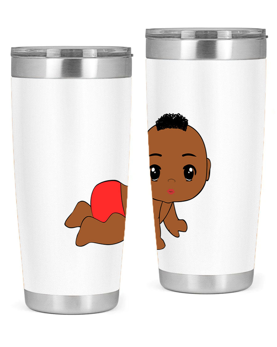 Black baby boy tumbler, 20oz stainless steel with double wall vacuum insulation, featuring a sleek design and drink-thru lid.