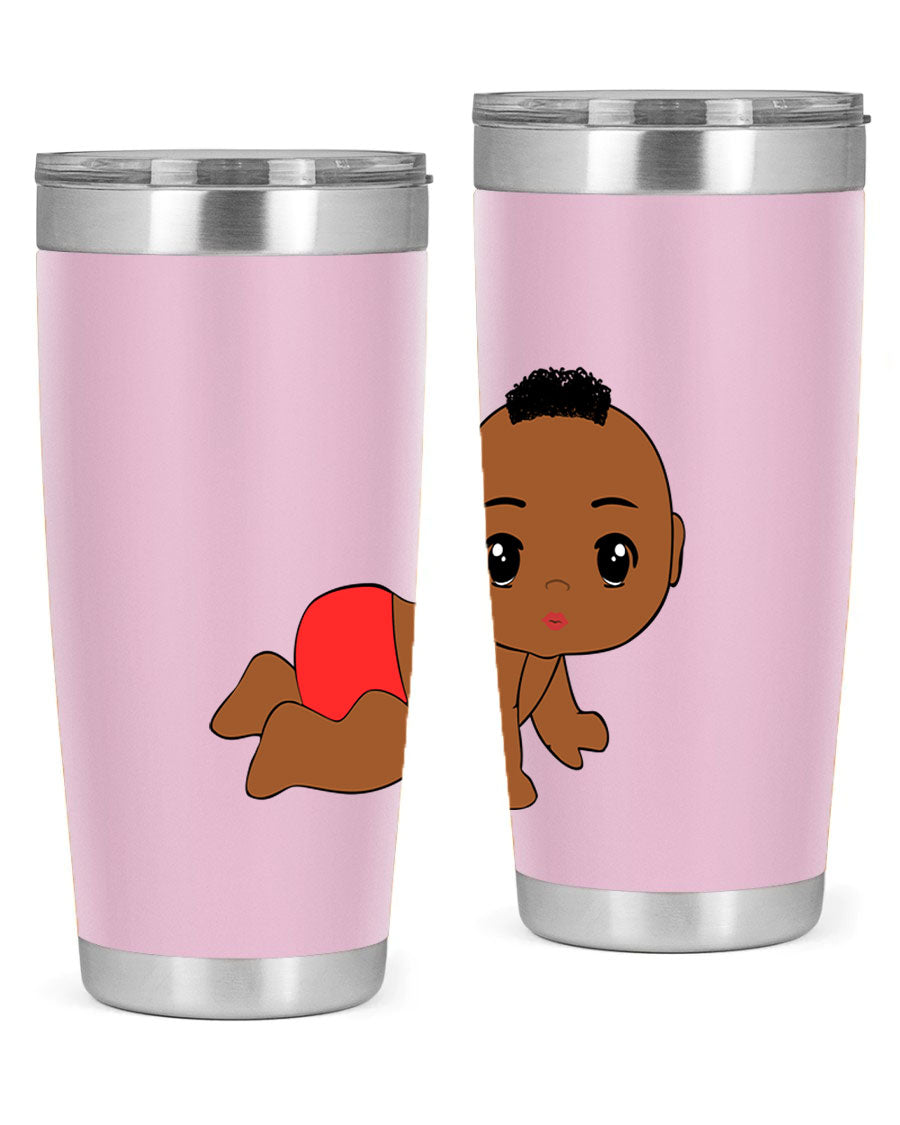 Black baby boy tumbler, 20oz stainless steel with double wall vacuum insulation, featuring a sleek design and drink-thru lid.