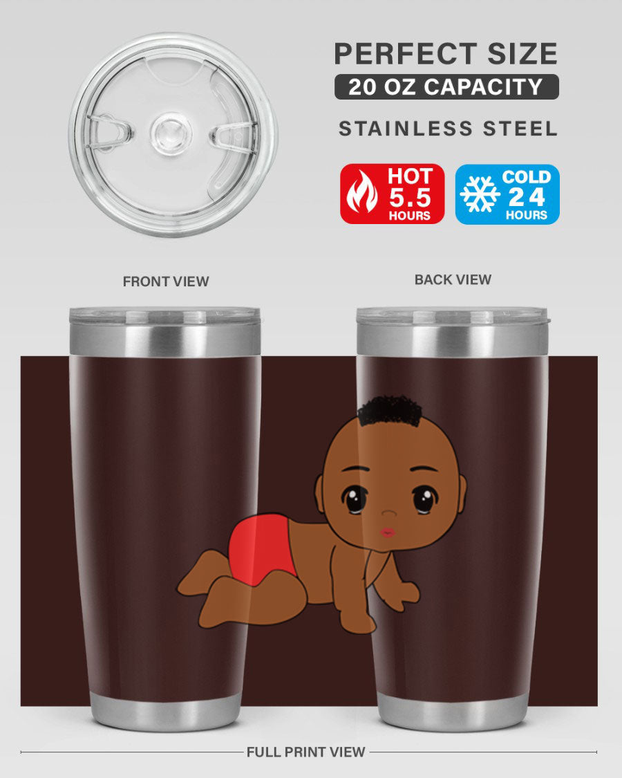 Black baby boy tumbler, 20oz stainless steel with double wall vacuum insulation, featuring a sleek design and drink-thru lid.