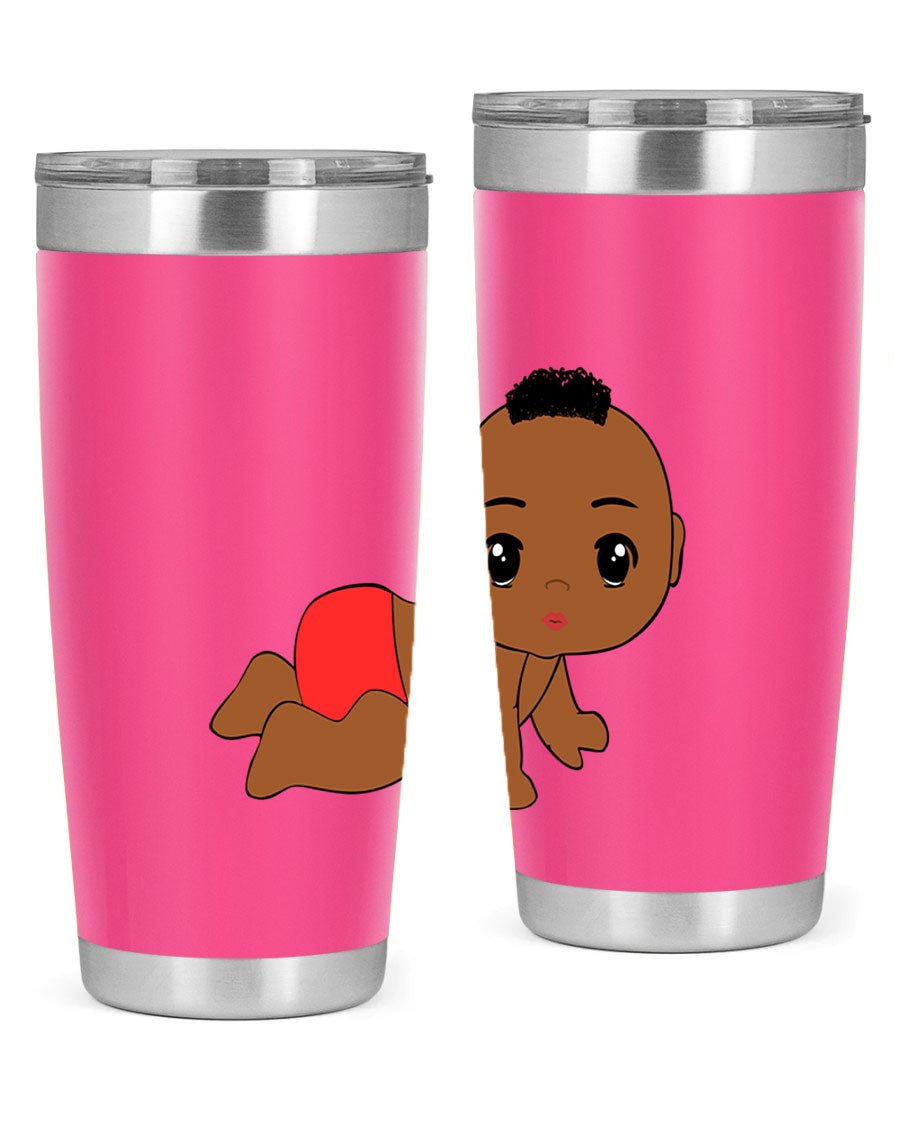 Black baby boy tumbler, 20oz stainless steel with double wall vacuum insulation, featuring a sleek design and drink-thru lid.