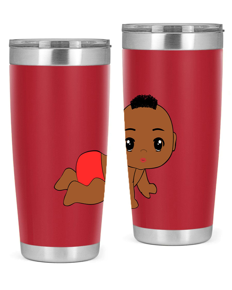 Black baby boy tumbler, 20oz stainless steel with double wall vacuum insulation, featuring a sleek design and drink-thru lid.