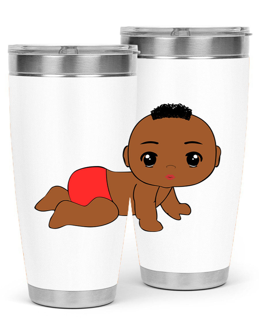 Black baby boy tumbler, 20oz stainless steel with double wall vacuum insulation, featuring a sleek design and drink-thru lid.