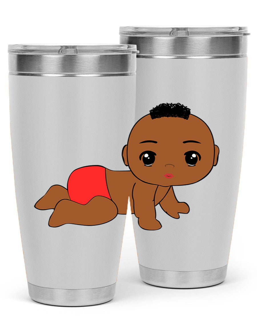 Black baby boy tumbler, 20oz stainless steel with double wall vacuum insulation, featuring a sleek design and drink-thru lid.