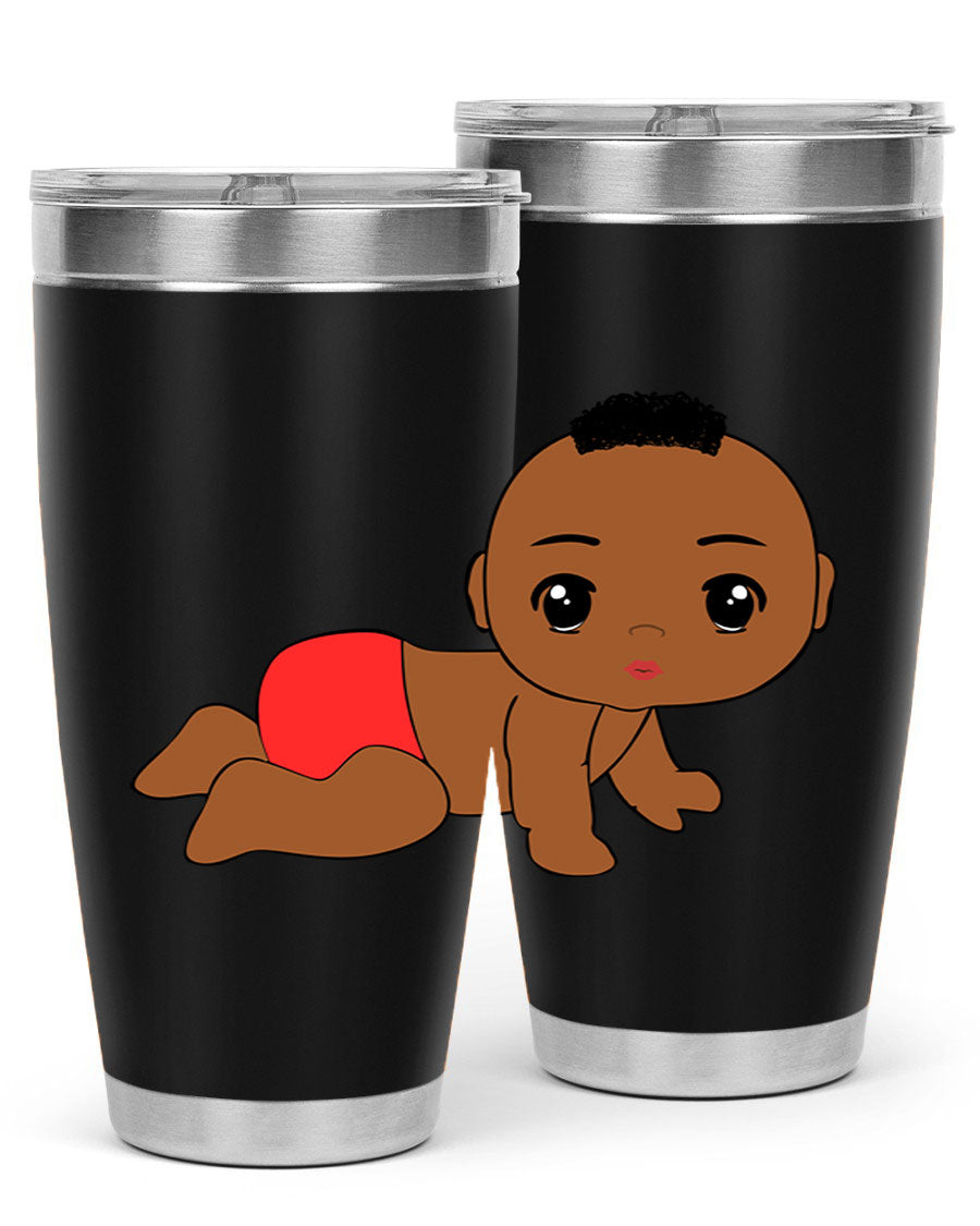 Black baby boy tumbler, 20oz stainless steel with double wall vacuum insulation, featuring a sleek design and drink-thru lid.
