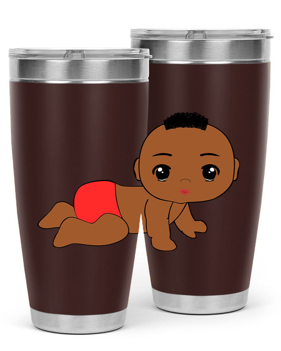 Black baby boy tumbler, 20oz stainless steel with double wall vacuum insulation, featuring a sleek design and drink-thru lid.