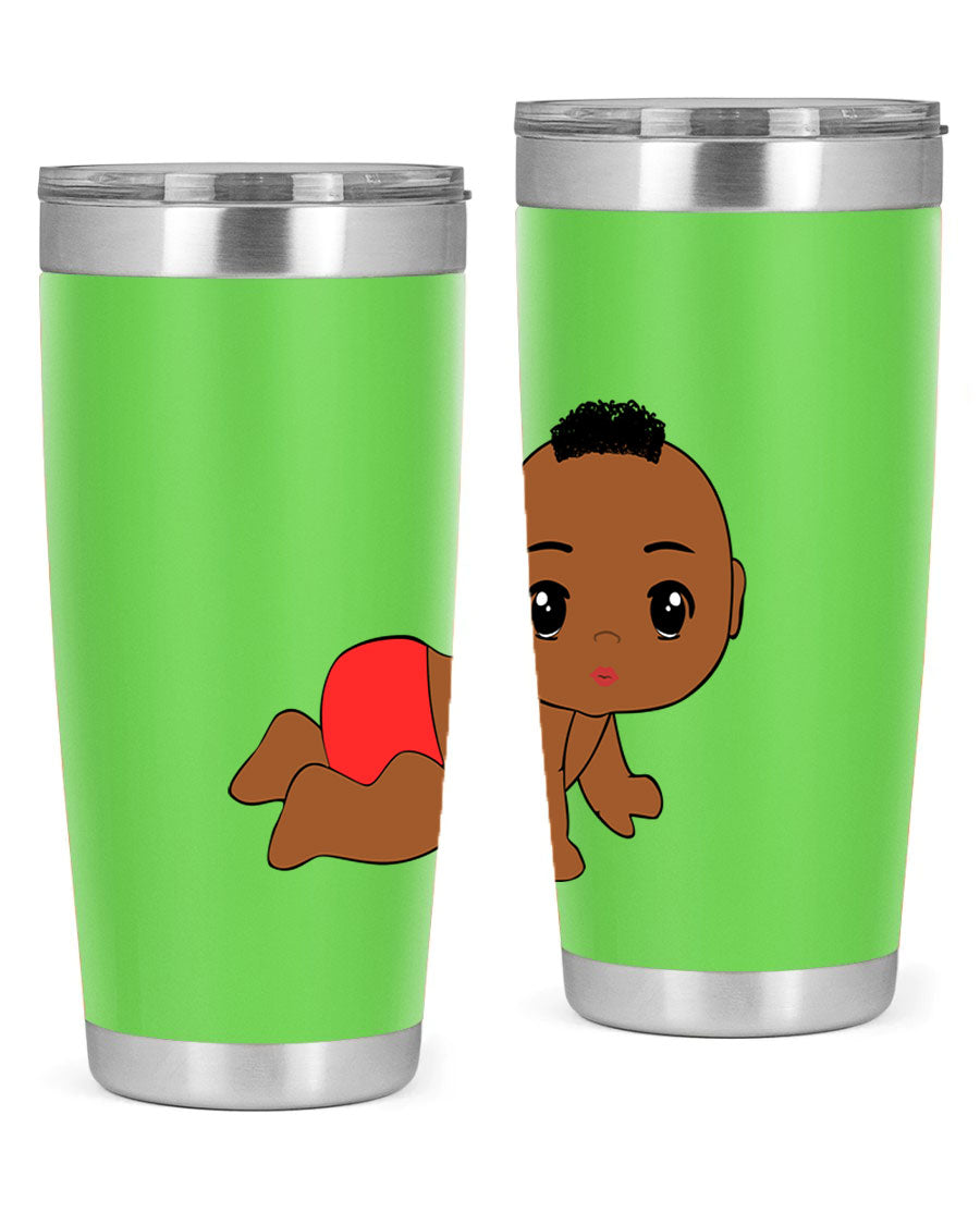 Black baby boy tumbler, 20oz stainless steel with double wall vacuum insulation, featuring a sleek design and drink-thru lid.
