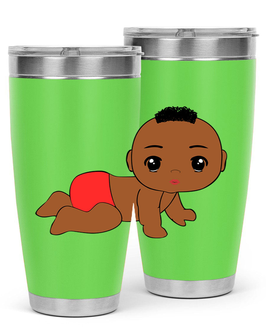 Black baby boy tumbler, 20oz stainless steel with double wall vacuum insulation, featuring a sleek design and drink-thru lid.
