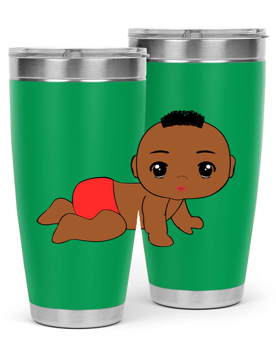 Black baby boy tumbler, 20oz stainless steel with double wall vacuum insulation, featuring a sleek design and drink-thru lid.