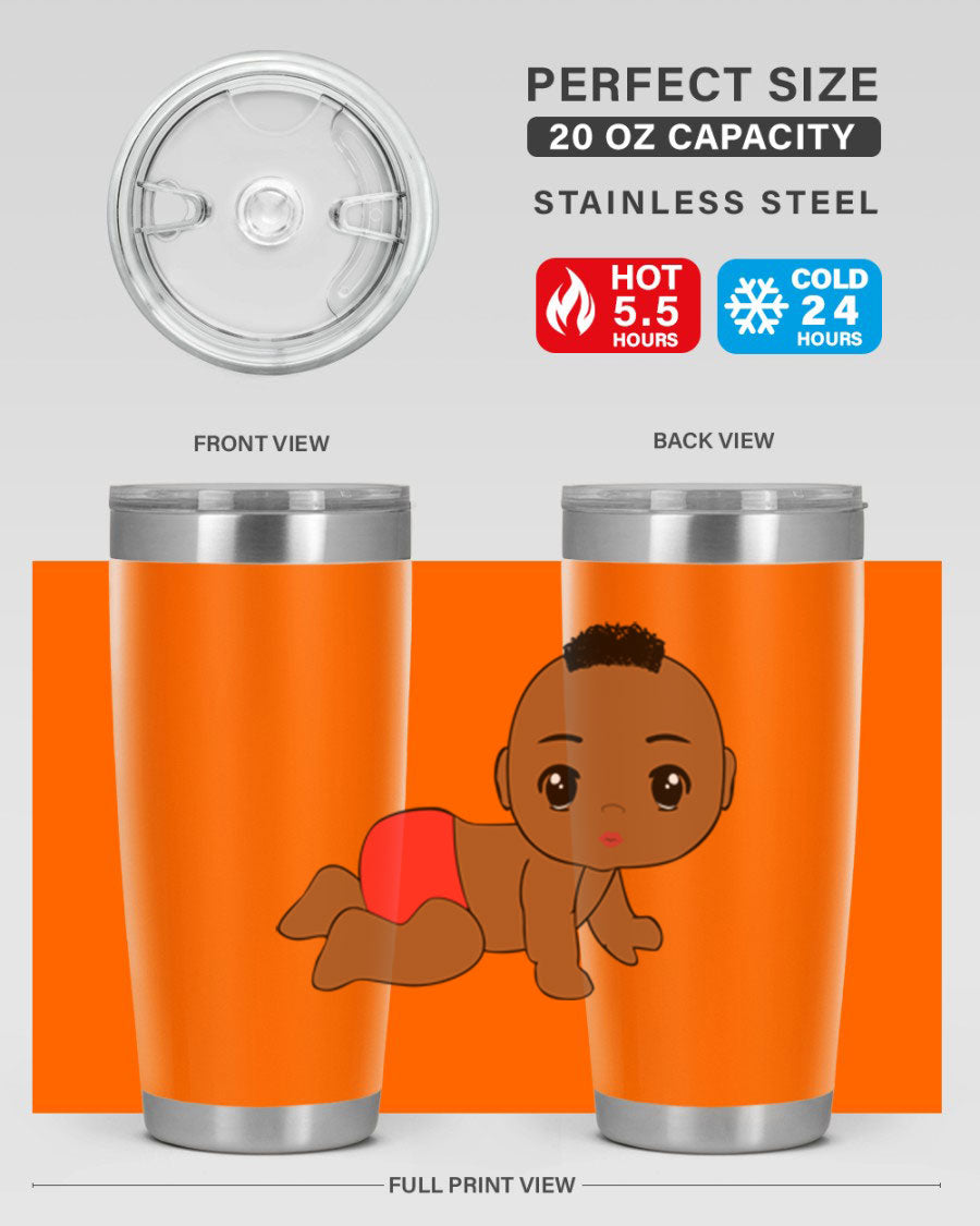 Black baby boy tumbler, 20oz stainless steel with double wall vacuum insulation, featuring a sleek design and drink-thru lid.