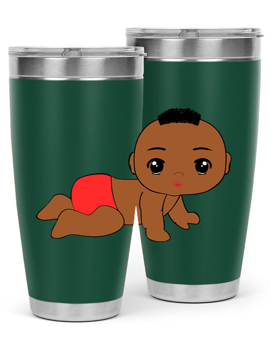 Black baby boy tumbler, 20oz stainless steel with double wall vacuum insulation, featuring a sleek design and drink-thru lid.