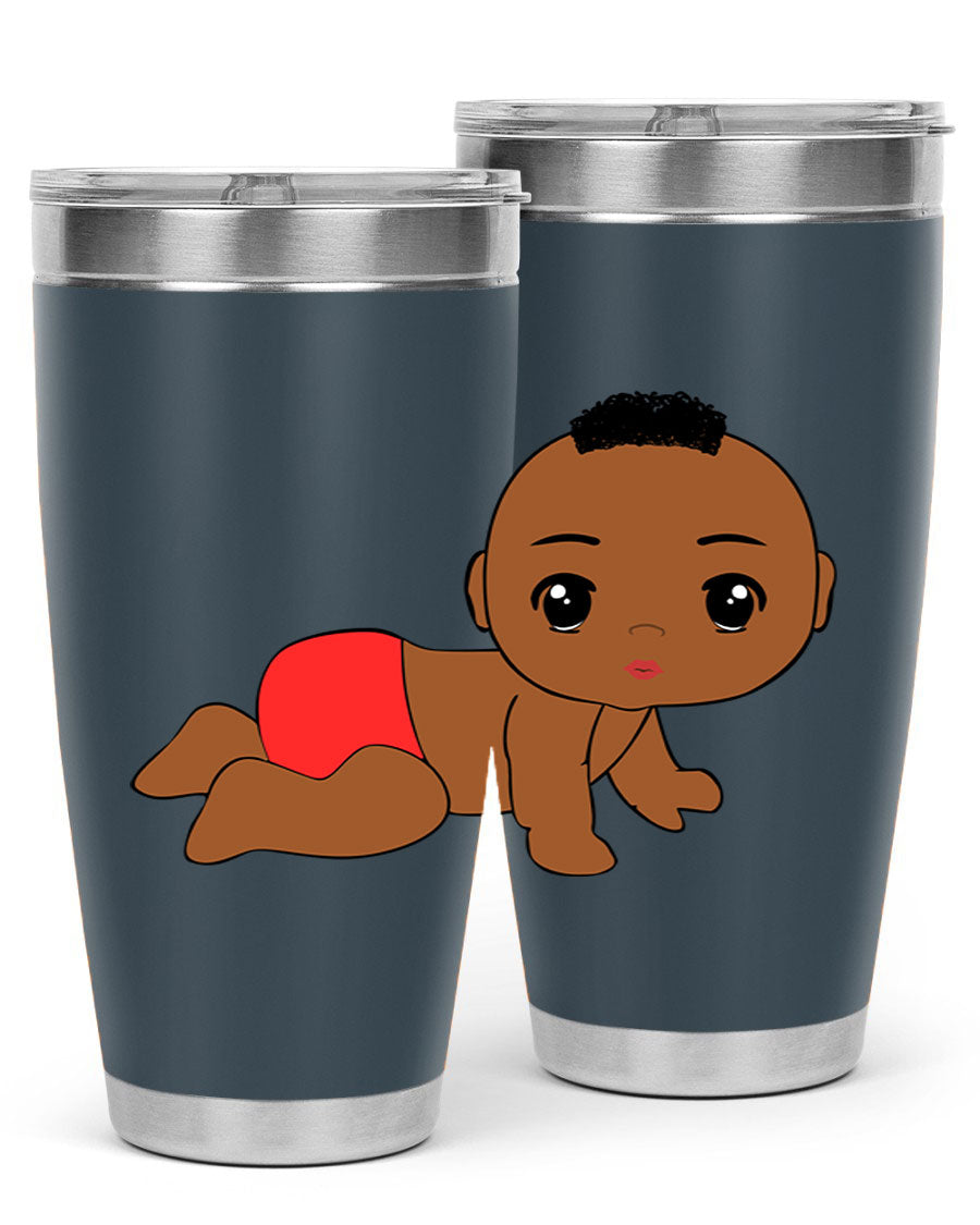 Black baby boy tumbler, 20oz stainless steel with double wall vacuum insulation, featuring a sleek design and drink-thru lid.