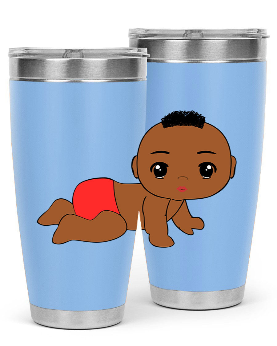 Black baby boy tumbler, 20oz stainless steel with double wall vacuum insulation, featuring a sleek design and drink-thru lid.