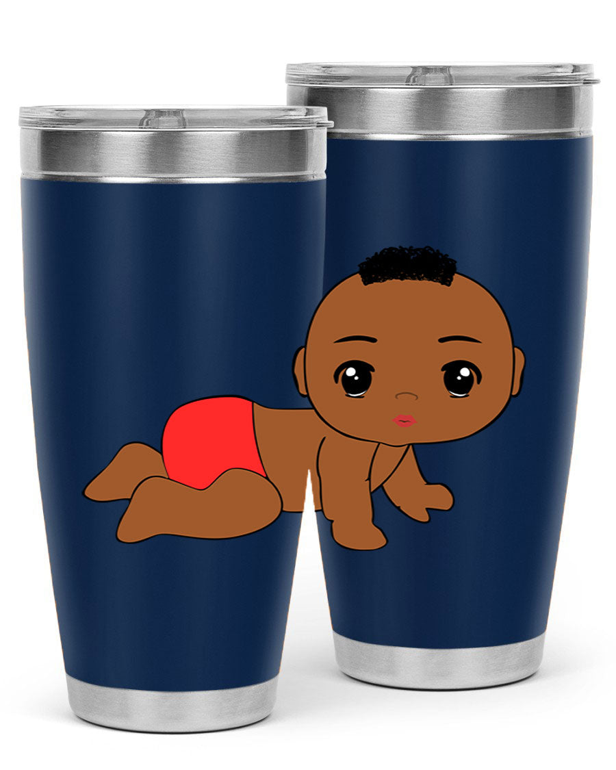 Black baby boy tumbler, 20oz stainless steel with double wall vacuum insulation, featuring a sleek design and drink-thru lid.