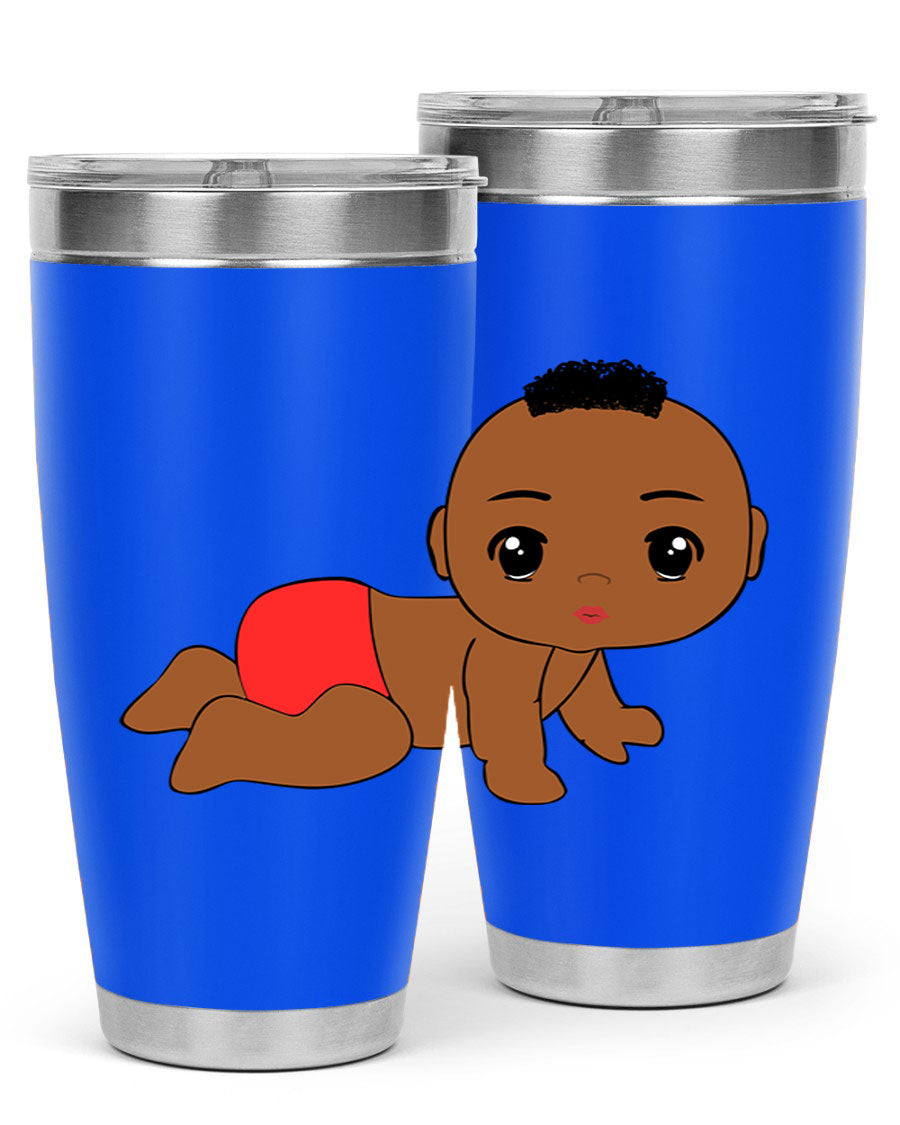 Black baby boy tumbler, 20oz stainless steel with double wall vacuum insulation, featuring a sleek design and drink-thru lid.