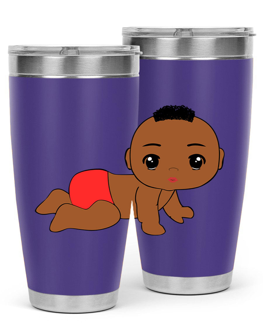 Black baby boy tumbler, 20oz stainless steel with double wall vacuum insulation, featuring a sleek design and drink-thru lid.