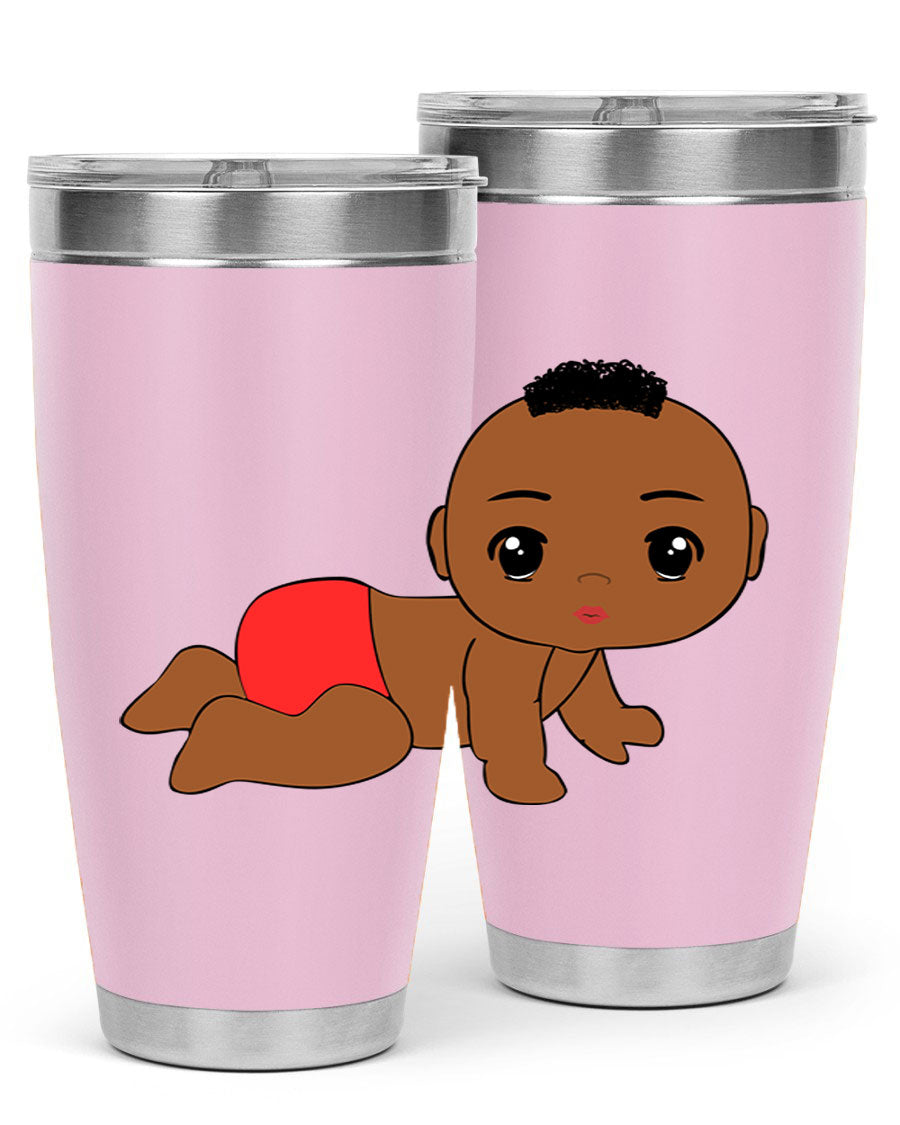 Black baby boy tumbler, 20oz stainless steel with double wall vacuum insulation, featuring a sleek design and drink-thru lid.