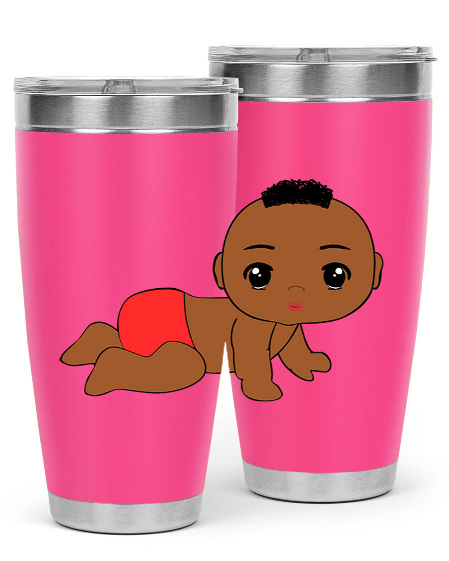 Black baby boy tumbler, 20oz stainless steel with double wall vacuum insulation, featuring a sleek design and drink-thru lid.