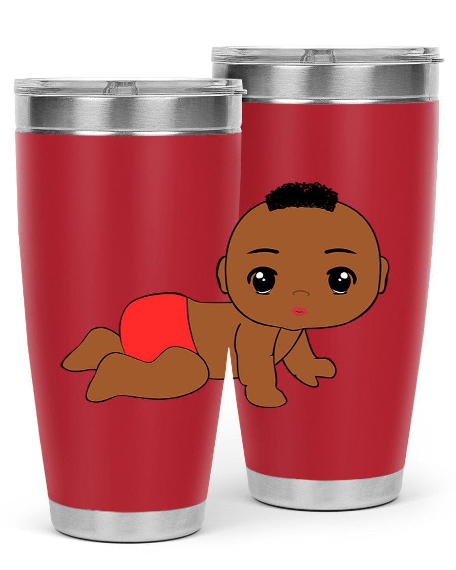 Black baby boy tumbler, 20oz stainless steel with double wall vacuum insulation, featuring a sleek design and drink-thru lid.