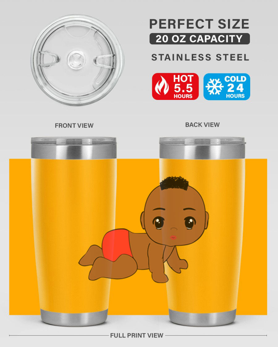 Black baby boy tumbler, 20oz stainless steel with double wall vacuum insulation, featuring a sleek design and drink-thru lid.