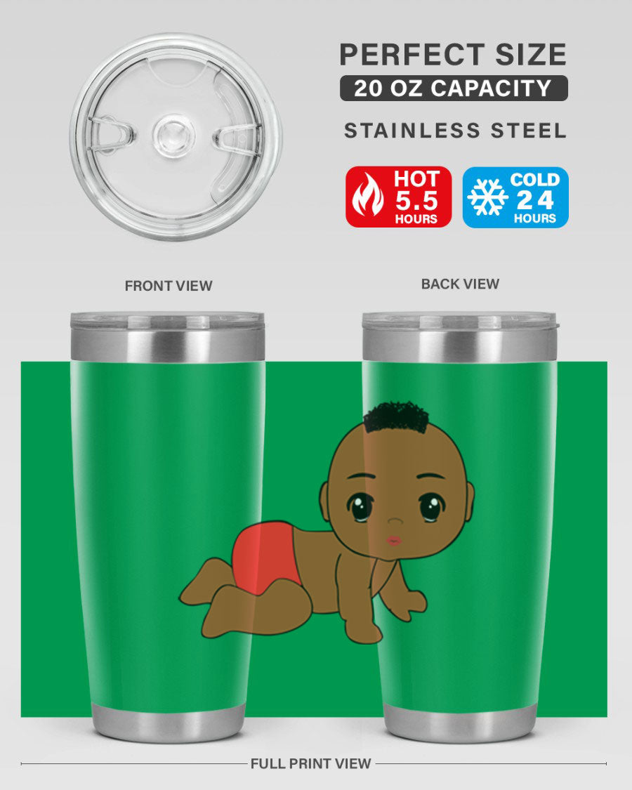 Black baby boy tumbler, 20oz stainless steel with double wall vacuum insulation, featuring a sleek design and drink-thru lid.