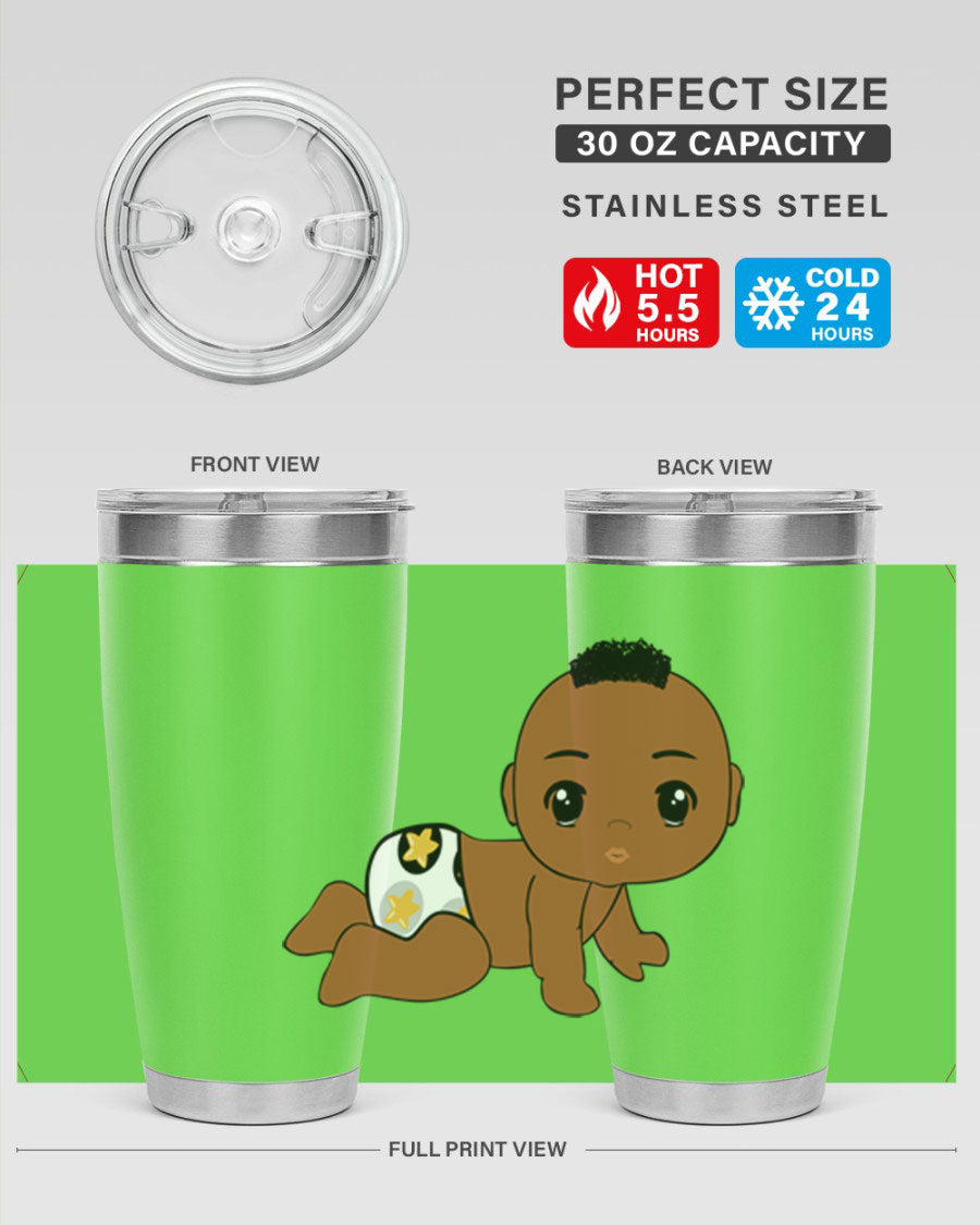 Black baby boy tumbler made of stainless steel with a sleek design, featuring a drink-thru lid and vibrant print.