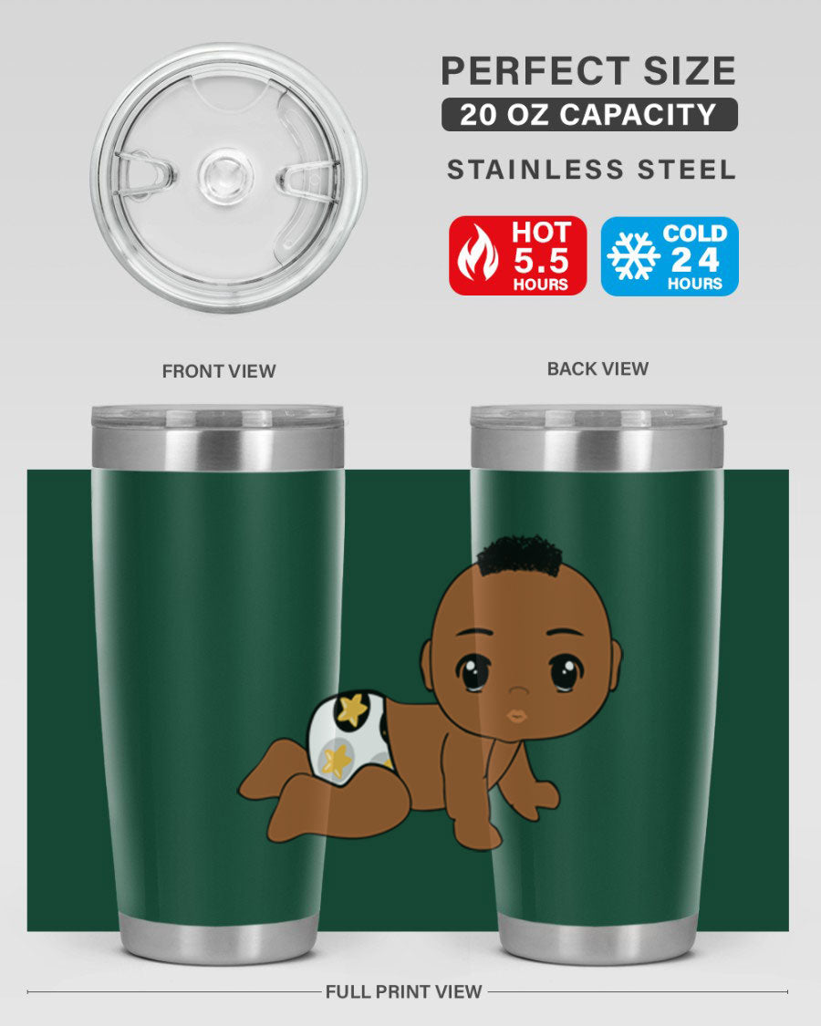 Black baby boy tumbler made of stainless steel with a sleek design, featuring a drink-thru lid and vibrant print.