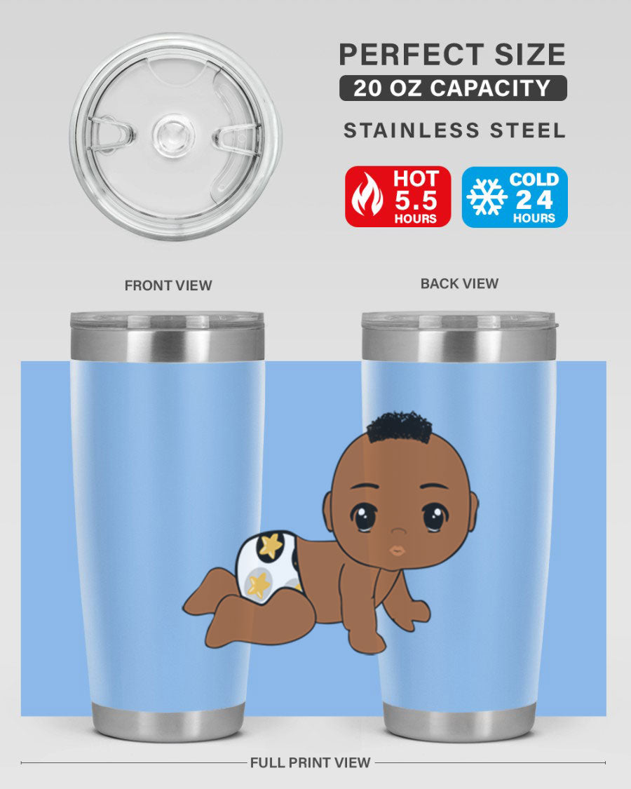 Black baby boy tumbler made of stainless steel with a sleek design, featuring a drink-thru lid and vibrant print.