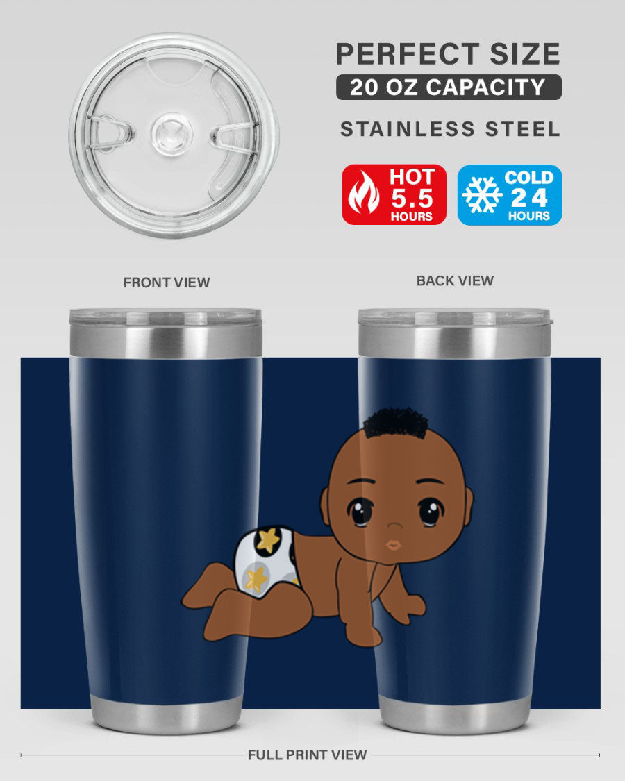 Black baby boy tumbler made of stainless steel with a sleek design, featuring a drink-thru lid and vibrant print.