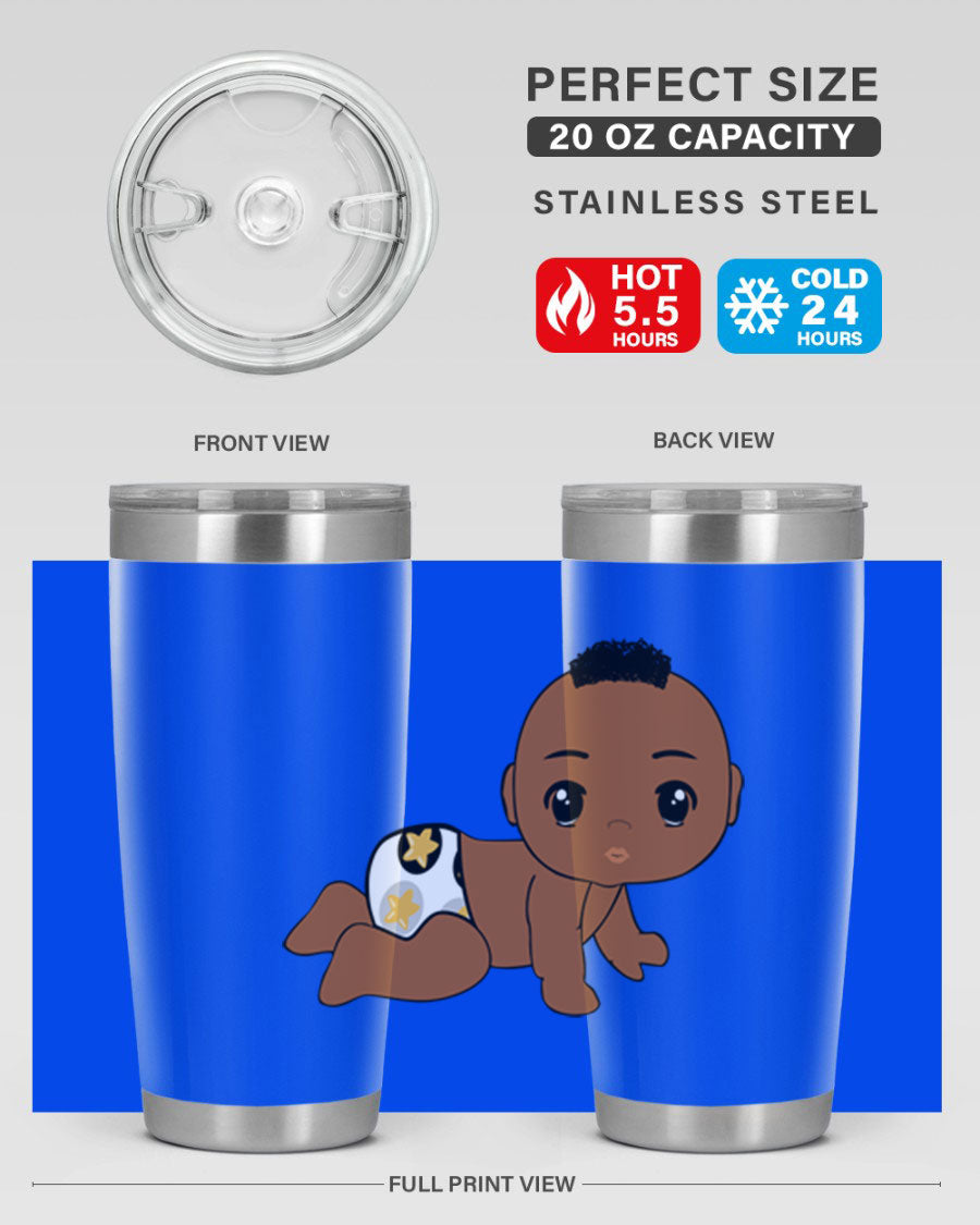 Black baby boy tumbler made of stainless steel with a sleek design, featuring a drink-thru lid and vibrant print.