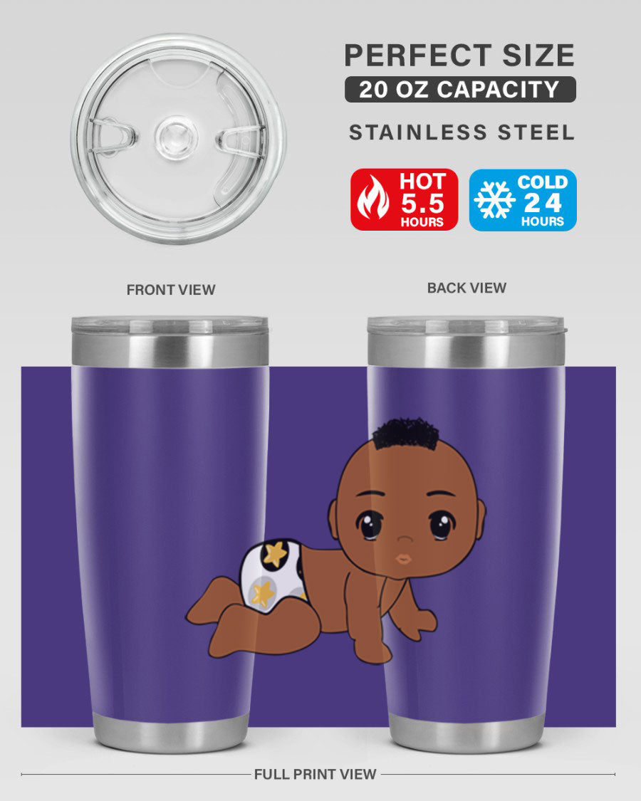 Black baby boy tumbler made of stainless steel with a sleek design, featuring a drink-thru lid and vibrant print.