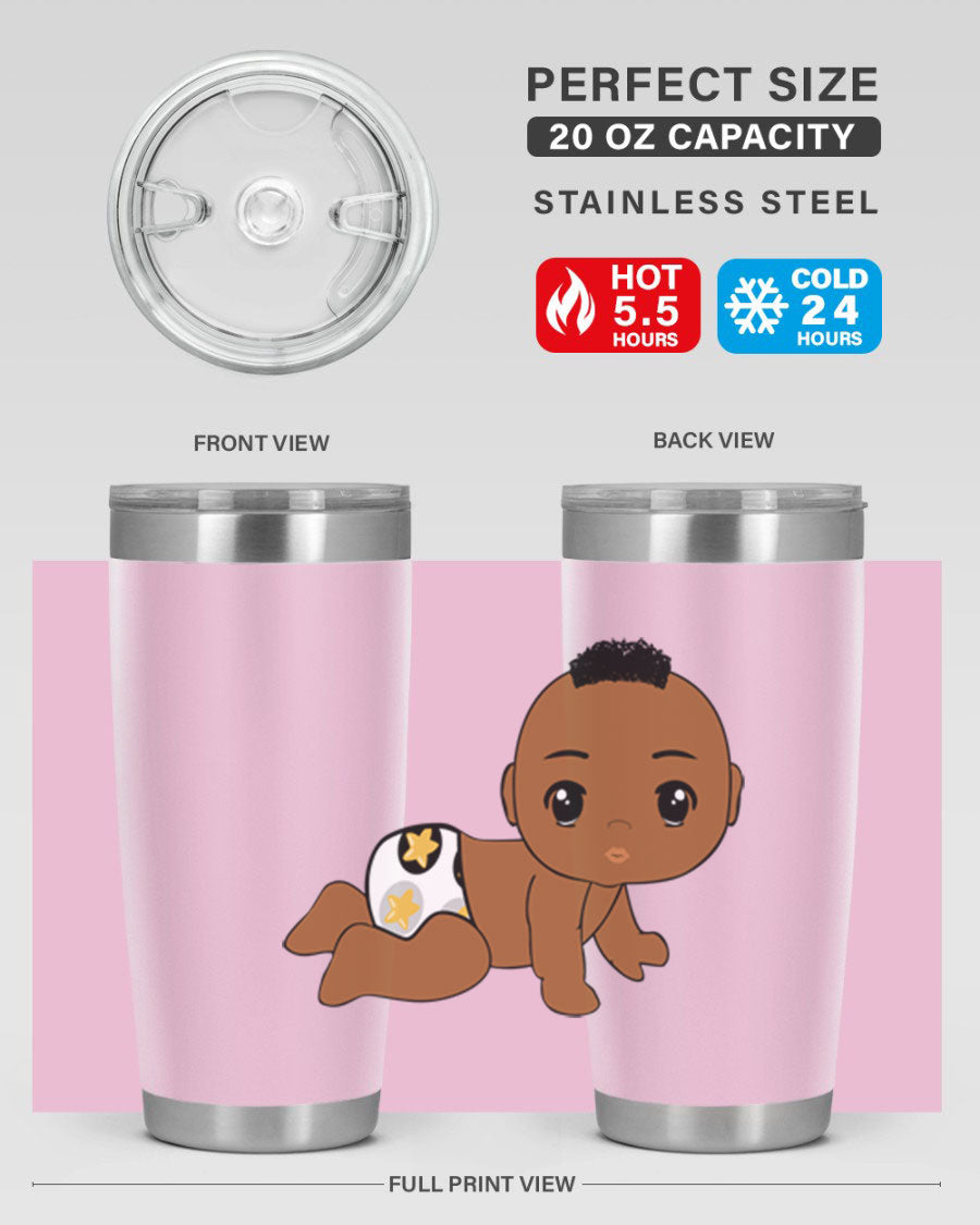 Black baby boy tumbler made of stainless steel with a sleek design, featuring a drink-thru lid and vibrant print.